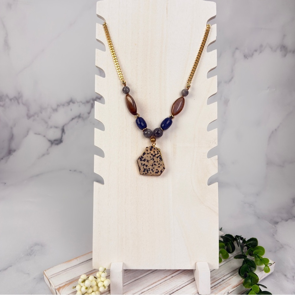 Nakamol Gold and Blue HandBeaded Precious Stone Pendant Necklace